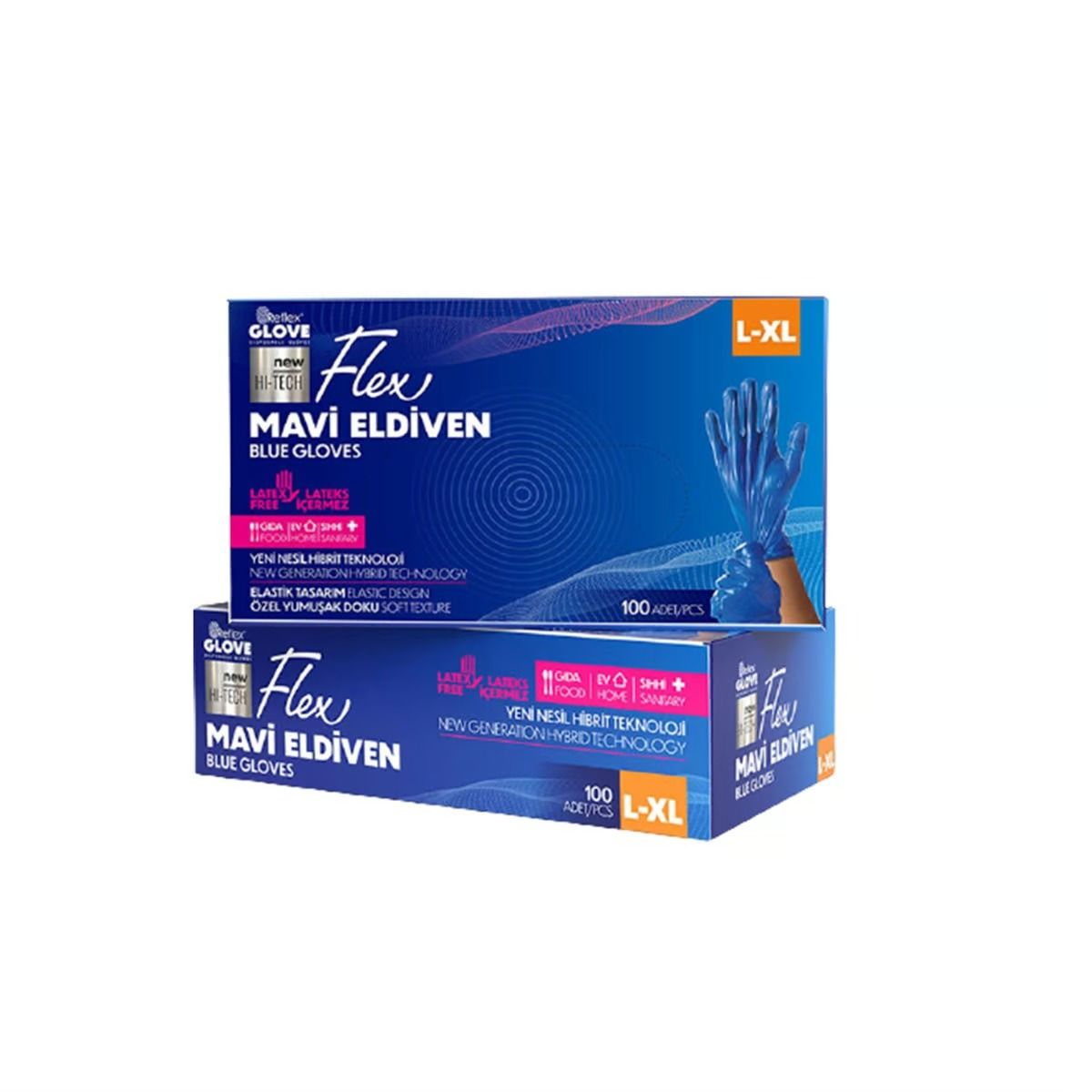 Reflex Flex Pudrasız Eldiven Mavi L-XL Beden Yeni Nesil Hibrit Teknoloji 100'Lü Paket